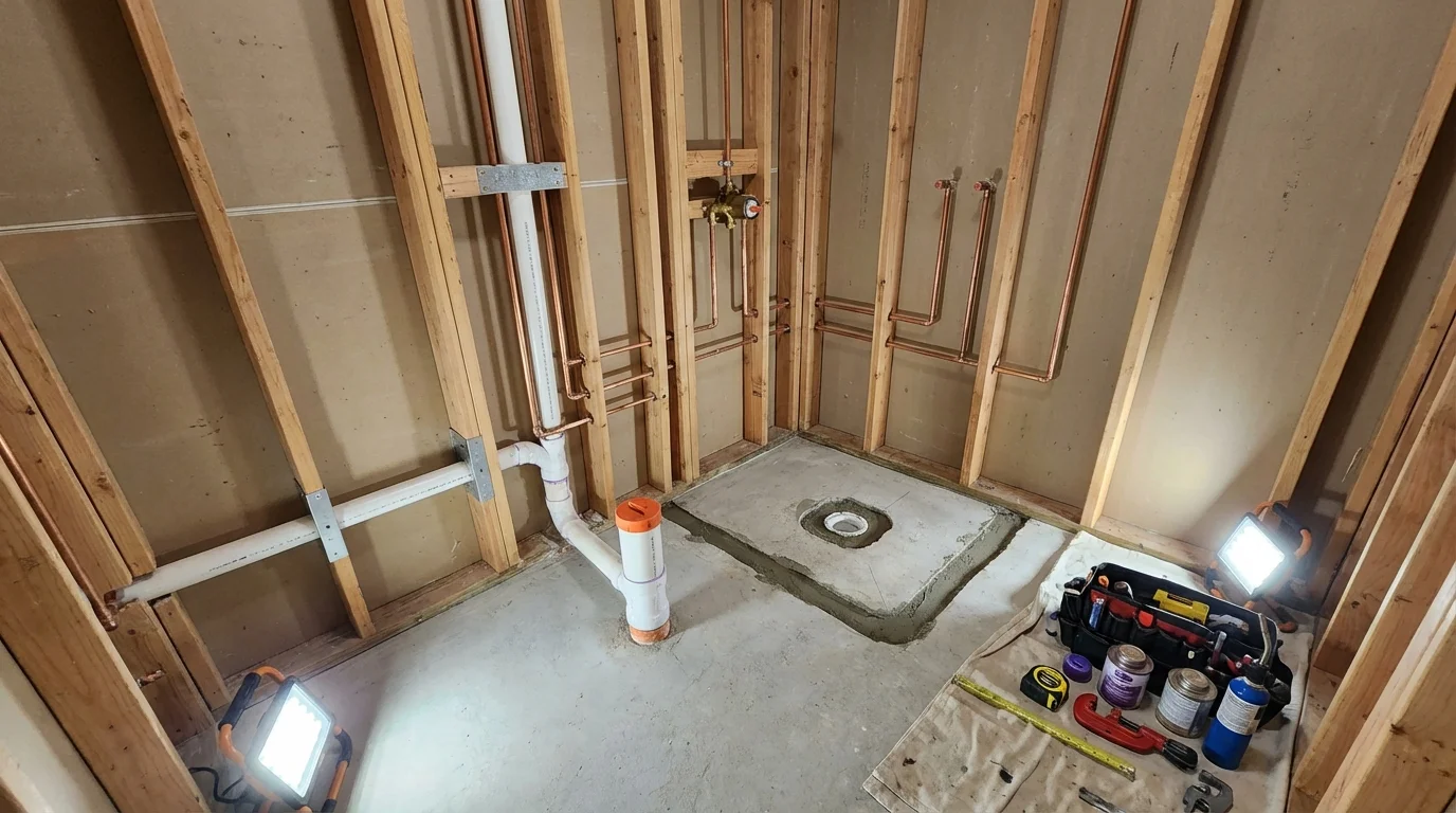Bathroom rough-in plumbing during remodel by Johns Plumbing LLC in Calvert