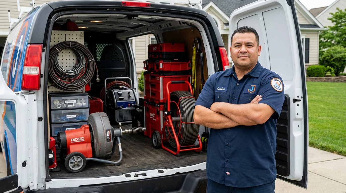 Professional drain cleaning equipment and Johns Plumbing LLC plumber in Calvert