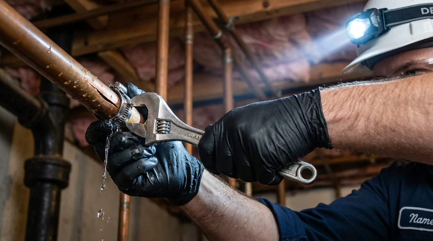 Emergency pipe clamp repair being performed by a Johns Plumbing LLC plumber in Calvert