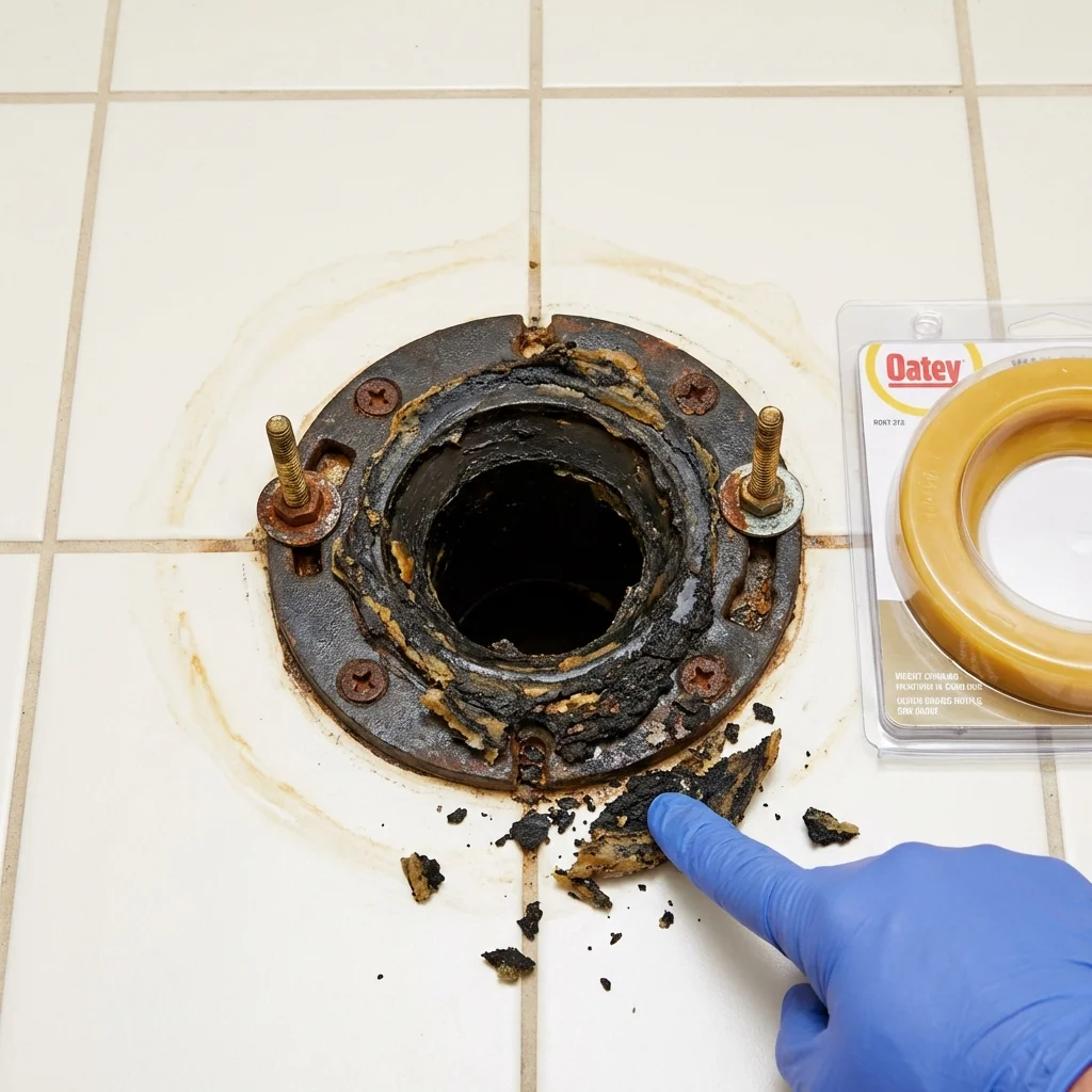 Failed wax ring showing water seepage at the base of a toilet in a Calvert, TX home