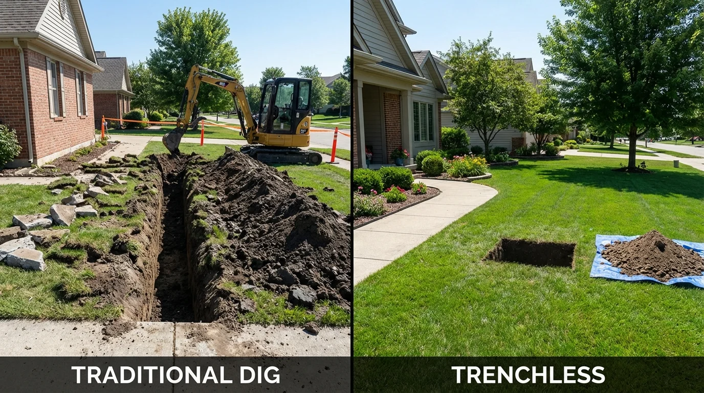 Trenchless sewer repair with minimal yard damage versus traditional excavation in Calvert, TX