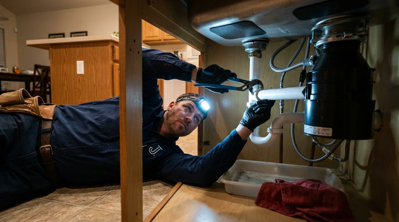 P-trap and supply line connections under a kitchen sink showing a common leak point in Calvert, TX